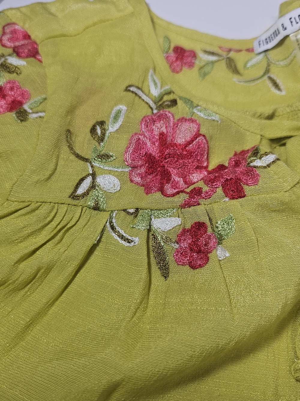 Floral Tie-Front Peasant Blouse in Chartreuse with Pink Embroidery Sz L Summer - Picture 8 of 10